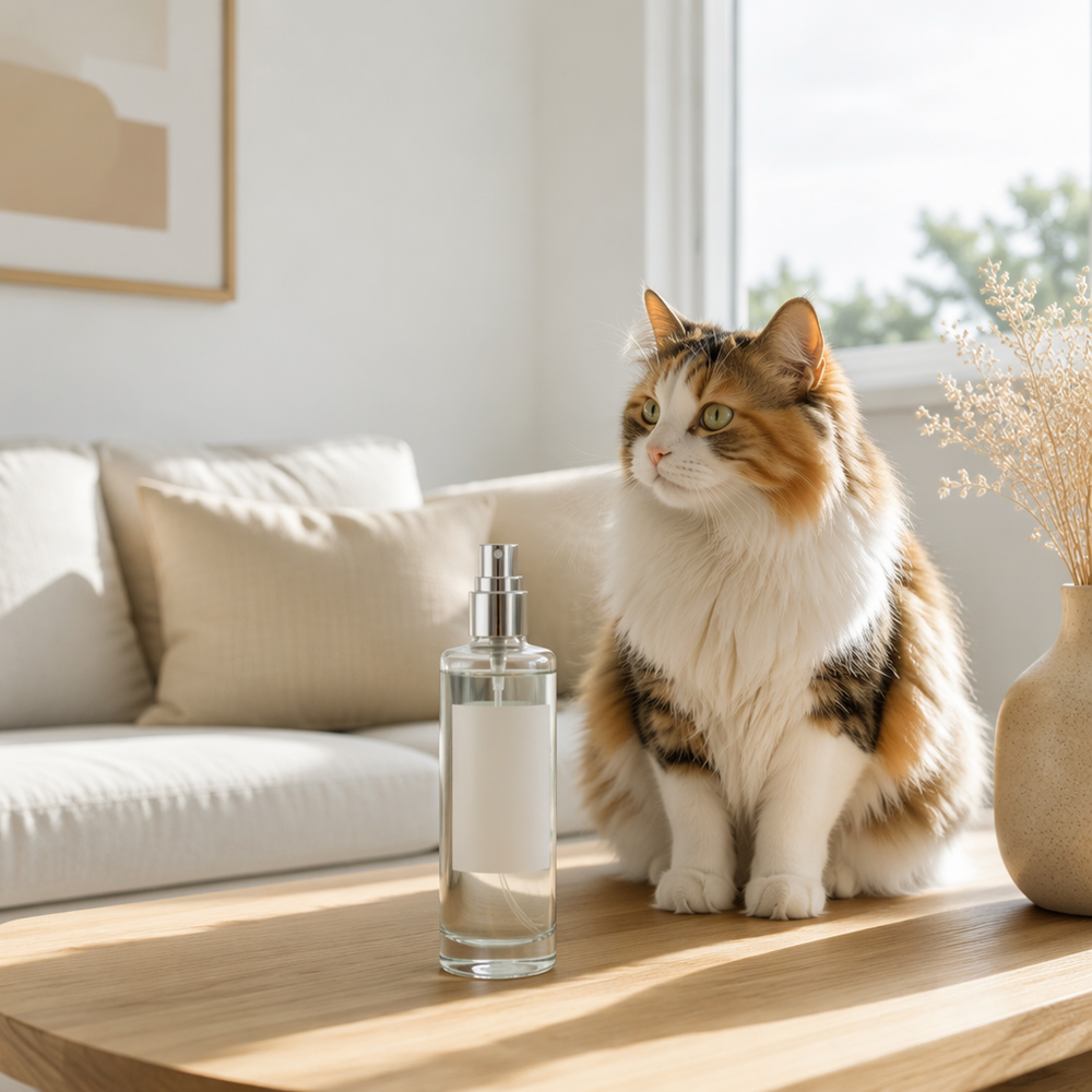 Calico cat sitting next to a clear glass bottle of cat safe room spray on a sunlit coffee table.